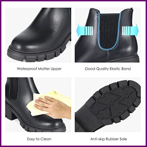 Women's Chelsea Boots Lug Sole Chunky Heel Slip On Elastic Ankle Booties